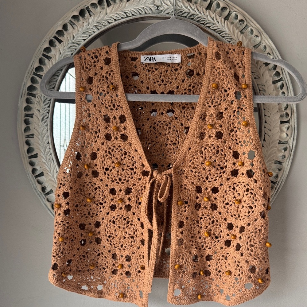 Zara Terracotta Crochet Tie-Front Vest with Wooden Beads - Picture 1 of 6